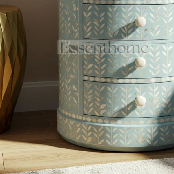 ?Handmade Blue MOP Nightstand ? 4-Drawer Floral Inlay Bedside Table? - Image 4