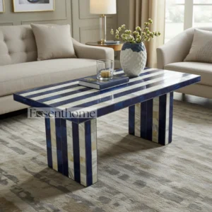 Blue and White Chevron Bone Inlay Coffee Table ? Handmade Round Accent Table
