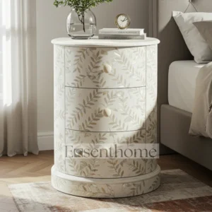 White Floral MOP Round Nightstand – Handmade 3 Drawer Bedside Table
