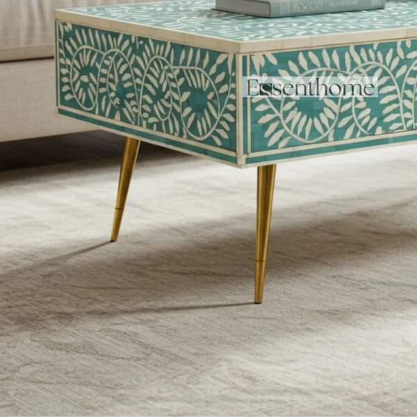 Handmade Bone Inlay Floral Coffee Table ? Teal Green with Drawers - Image 4