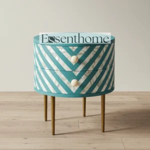 Essenthome Sky Blue Round Nightstand ? Handcrafted Chevron Pattern Bedside Table
