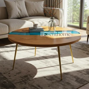 Essenthome Round Wooden Coffee Table ? Handmade Wood & Blue Resin Inlay with Gold Metal Legs