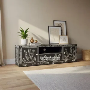 Essenthome Handcrafted Black & White Bone Inlay TV Console – Solid Wood Media Cabinet