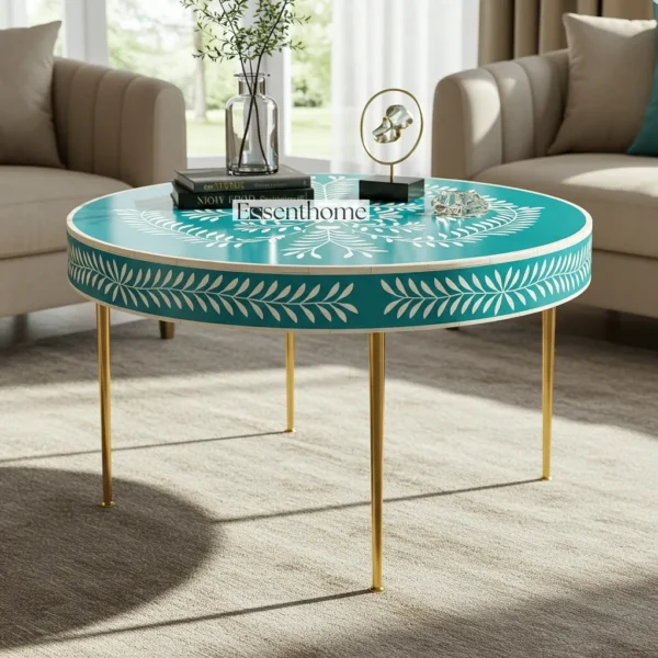 Handmade Green Bone Inlay Round Coffee Table by Essenthome ? Floral Pattern with Gold Base