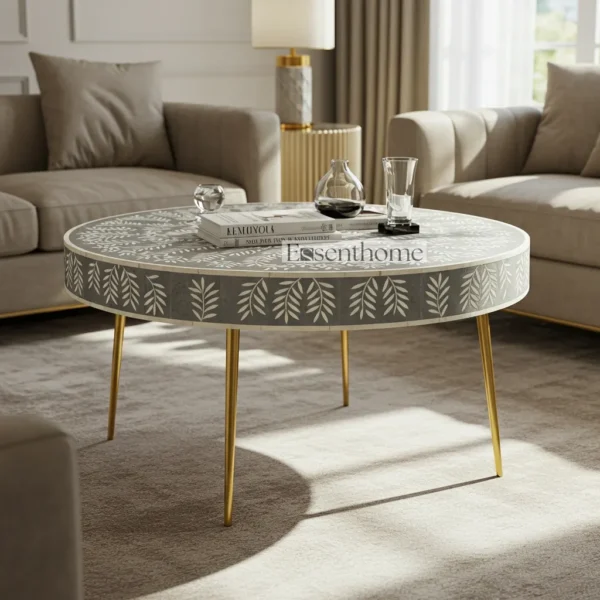 Handmade Gray Bone Inlay Round Coffee Table by Essenthome ? Floral Pattern with Gold Base