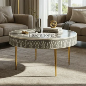 Essenthome Gray Round Bone Inlay Coffee Table ? Handmade Floral Design with Gold Base