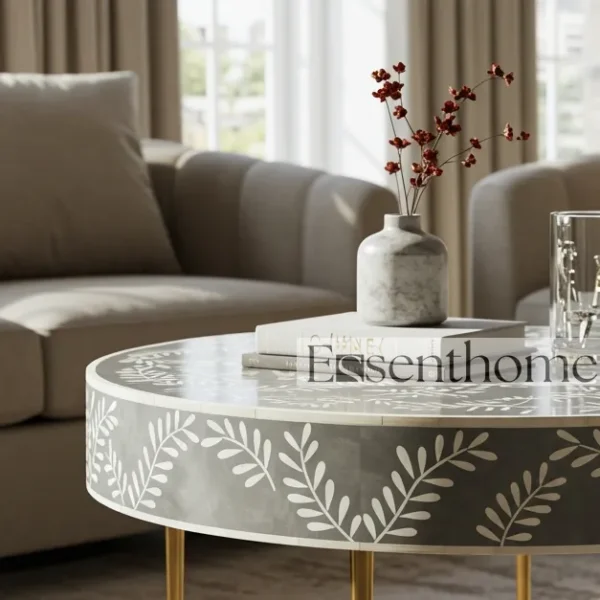 Essenthome Gray Floral Bone Inlay Round Coffee Table ? Handmade with Gold Metal Base - Image 5