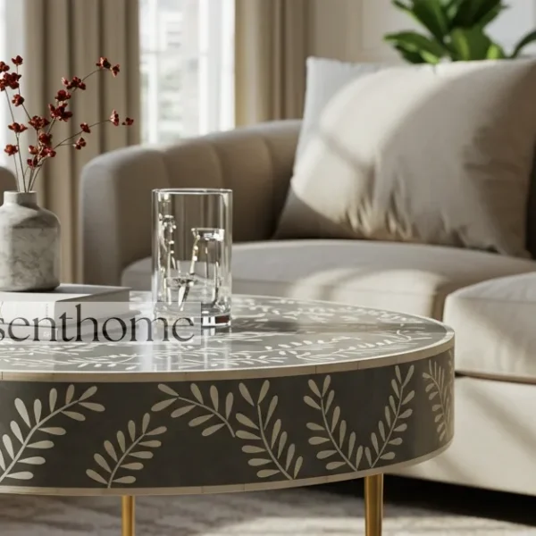 Essenthome Gray Floral Bone Inlay Round Coffee Table ? Handmade with Gold Metal Base - Image 4