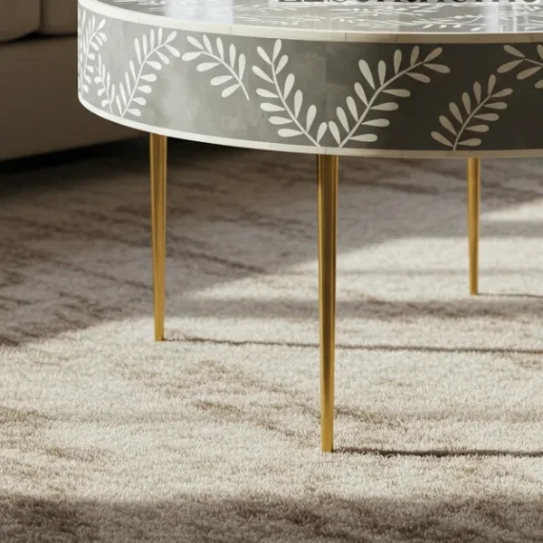 Essenthome Gray Floral Bone Inlay Round Coffee Table ? Handmade with Gold Metal Base - Image 3