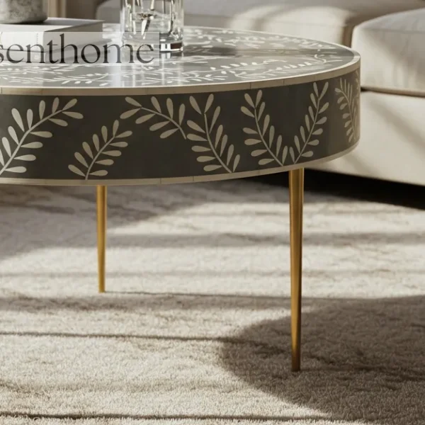 Essenthome Gray Floral Bone Inlay Round Coffee Table ? Handmade with Gold Metal Base - Image 2
