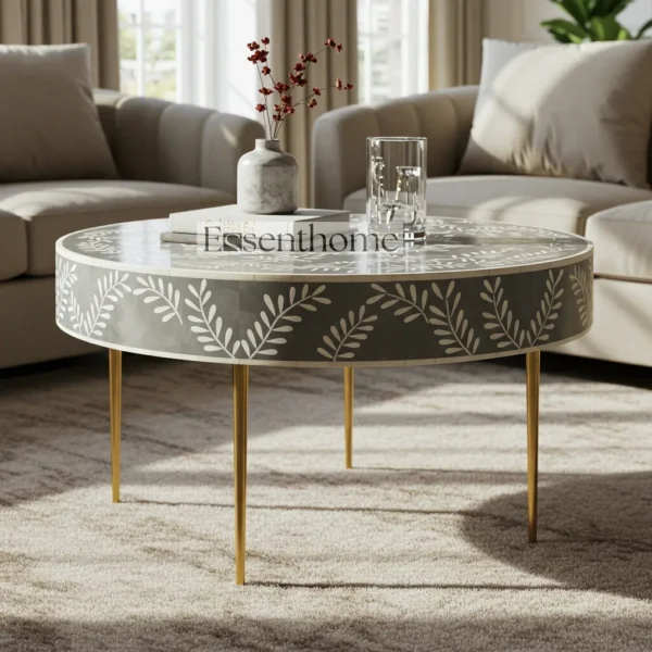 Essenthome Gray Floral Bone Inlay Round Coffee Table ? Handmade with Gold Metal Base