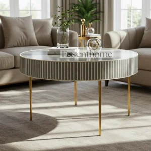 Essenthome Gray Floral Bone Inlay Round Coffee Table ? Handmade Accent Table with Gold Base