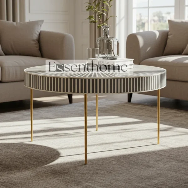 Gray Bone Inlay Round Accent Coffee Table ? Handmade Floral Pattern with Gold Base - Image 5