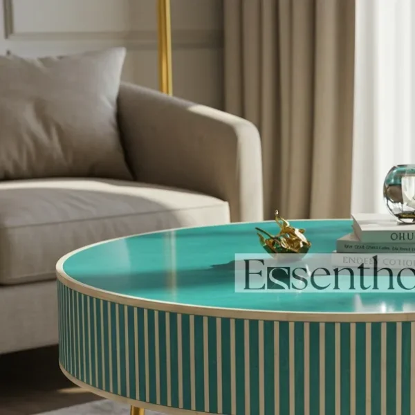 Essenthome Handmade Teal Bone Inlay Round Coffee Table ? Striped Pattern with Gold Metal Legs - Image 5