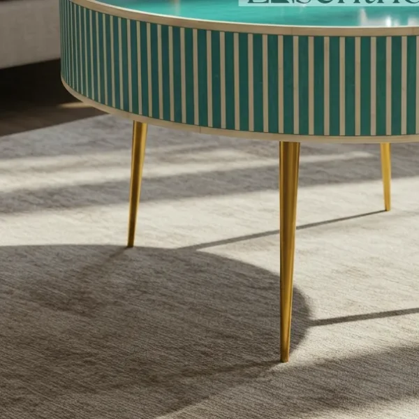Essenthome Handmade Teal Bone Inlay Round Coffee Table ? Striped Pattern with Gold Metal Legs - Image 4