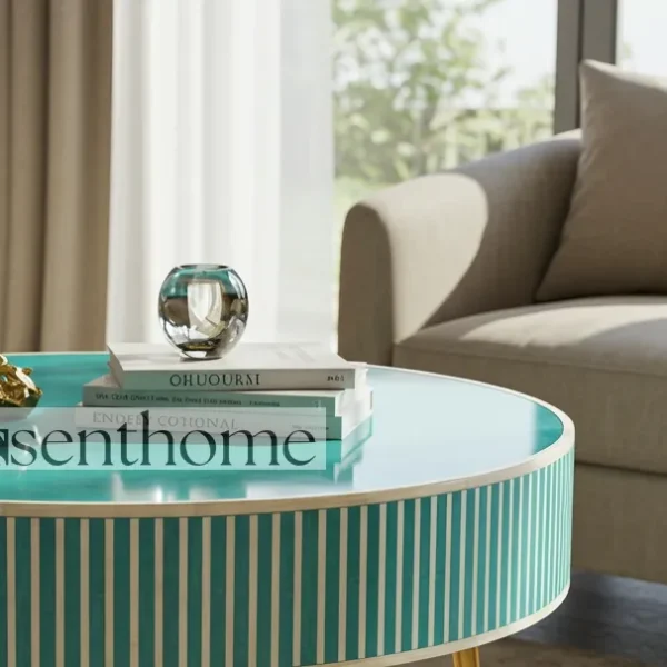 Essenthome Handmade Teal Bone Inlay Round Coffee Table ? Striped Pattern with Gold Metal Legs - Image 2
