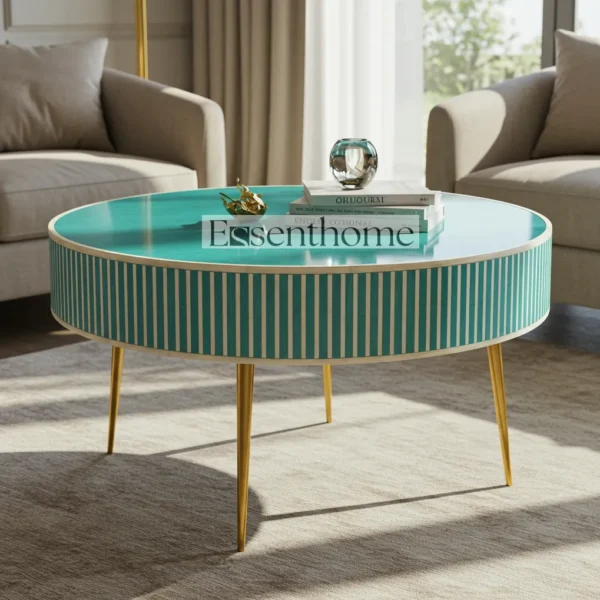 Essenthome Handmade Teal Bone Inlay Round Coffee Table ? Striped Pattern with Gold Metal Legs