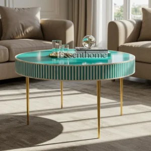 Luxury Teal Bone Inlay Coffee Table ? Round Striped Pattern, Gold Base