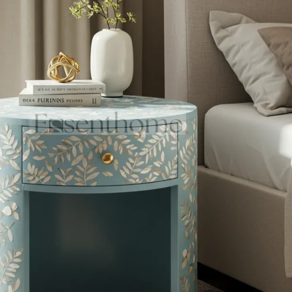 Handmade Blue MOP Nightstand ? 1Drawer Floral Inlay Bedside Table - Image 3