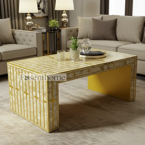 Yellow Striped Mother of Pearl Inlay Coffee Table ? Handmade Accent Table with Bright Modern Design