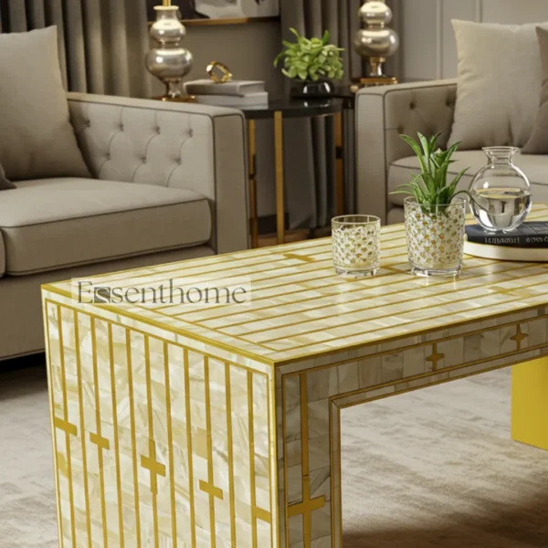 Yellow Striped Mother of Pearl Inlay Coffee Table ? Handmade Accent Table with Bright Modern Design - Image 2