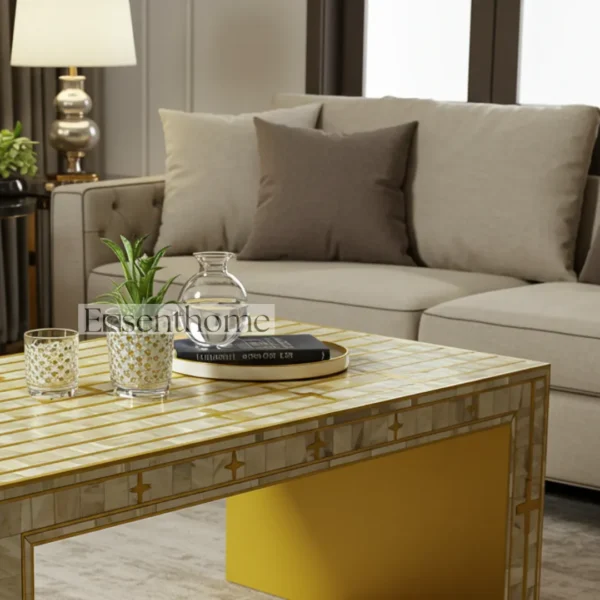 Yellow Striped Mother of Pearl Inlay Coffee Table ? Handmade Accent Table with Bright Modern Design - Image 3