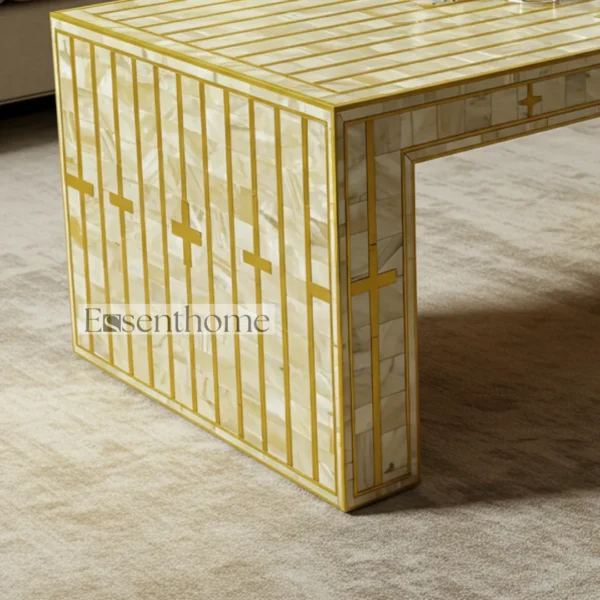 Yellow Striped Mother of Pearl Inlay Coffee Table ? Handmade Accent Table with Bright Modern Design - Image 4