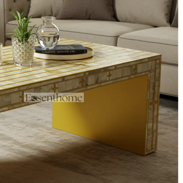 Yellow Striped Mother of Pearl Inlay Coffee Table ? Handmade Accent Table with Bright Modern Design - Image 5