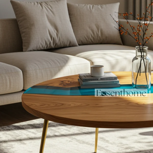 Essenthome Round Wooden Coffee Table ? Handmade Wood & Blue Resin Inlay with Gold Metal Legs - Image 2