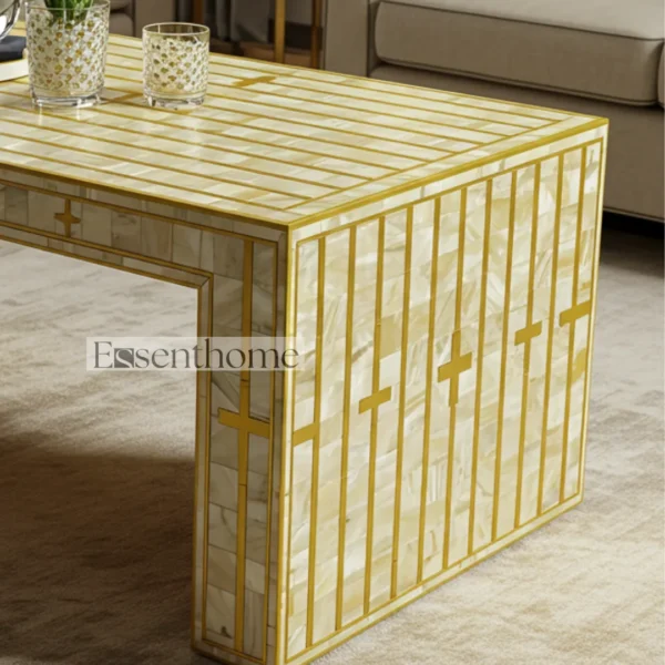 Yellow Striped Mother of Pearl Inlay Coffee Table ? Handmade Accent Table with Bright Modern Design - Image 6