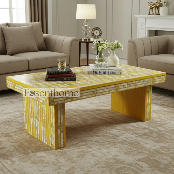 Yellow Striped Mother of Pearl Inlay Coffee Table ? Handmade Accent Table with Bright Modern Design