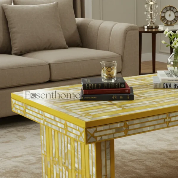 Yellow Striped Mother of Pearl Inlay Coffee Table ? Handmade Accent Table with Bright Modern Design - Image 2