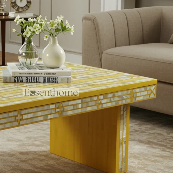 Yellow Striped Mother of Pearl Inlay Coffee Table ? Handmade Accent Table with Bright Modern Design - Image 3