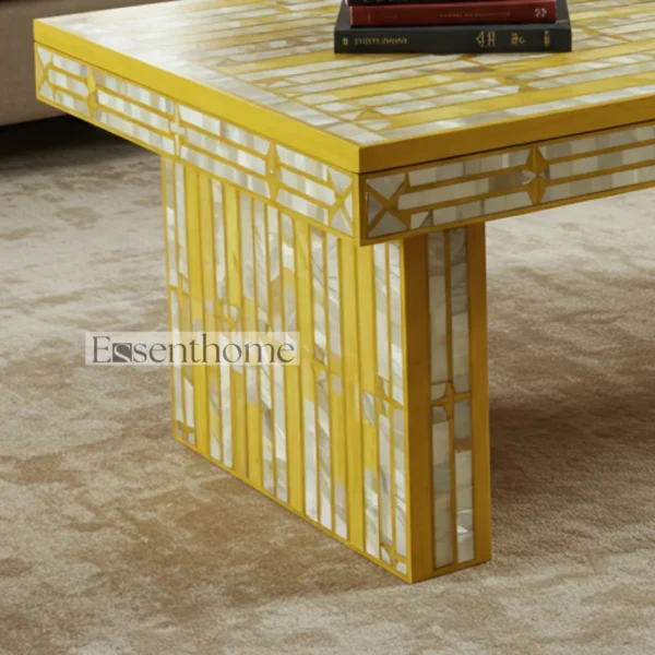 Yellow Striped Mother of Pearl Inlay Coffee Table ? Handmade Accent Table with Bright Modern Design - Image 4
