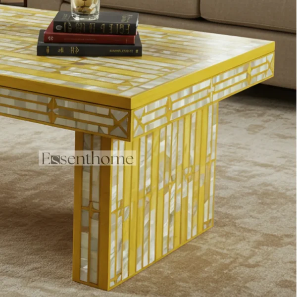 Yellow Striped Mother of Pearl Inlay Coffee Table ? Handmade Accent Table with Bright Modern Design - Image 5