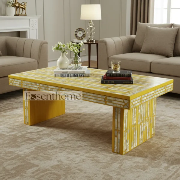 Yellow Striped Mother of Pearl Inlay Coffee Table ? Handmade Accent Table with Bright Modern Design - Image 6