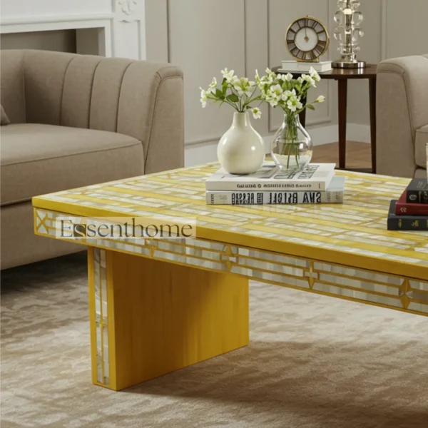 Yellow Striped Mother of Pearl Inlay Coffee Table ? Handmade Accent Table with Bright Modern Design - Image 7