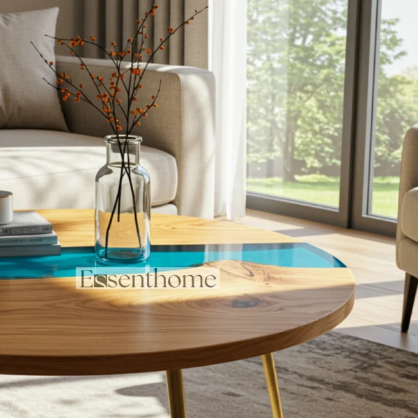 Essenthome Round Wooden Coffee Table ? Handmade Wood & Blue Resin Inlay with Gold Metal Legs - Image 3