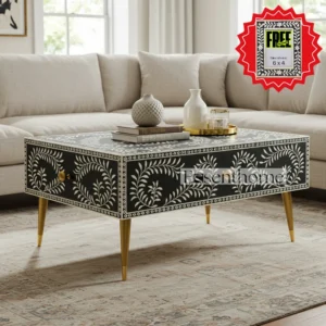 “Black Bone Inlay Coffee Table – Handcrafted Wooden Centre Table with Gold Legs”