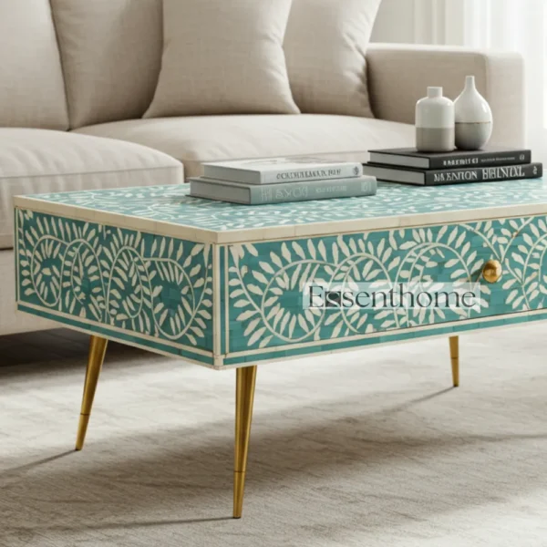 Handmade Bone Inlay Floral Coffee Table ? Teal Green with Drawers - Image 6