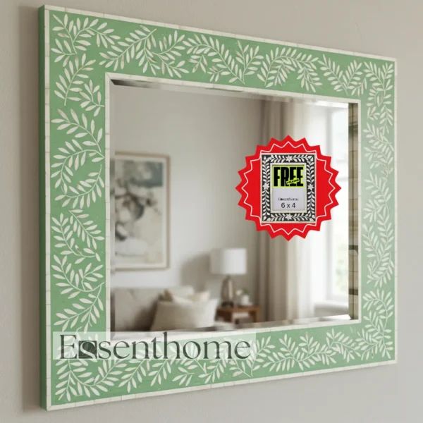 Handmade Bone Inlay Wall Mirror Floral Pattern Green ? Free Photo Frame