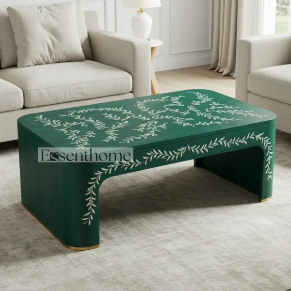 Green Bone Inlay Coffee Table with Brass Finish Base ? Round Handmade Accent Table for Living Room