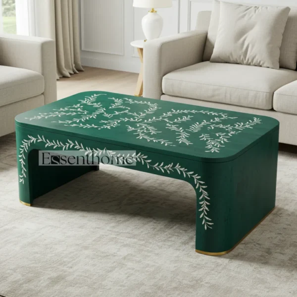 Green Bone Inlay Coffee Table with Brass Finish Base ? Round Handmade Accent Table for Living Room - Image 2