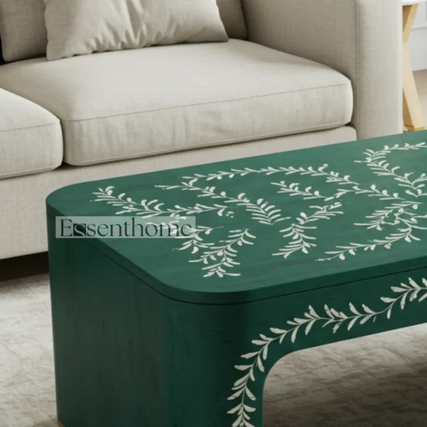 Green Bone Inlay Coffee Table with Brass Finish Base ? Round Handmade Accent Table for Living Room - Image 3