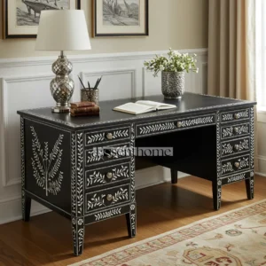 Black bone inlay writing desk Handcrafted Floral Vine Pattern