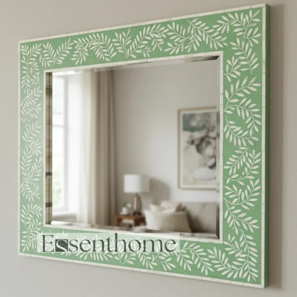Handmade Bone Inlay Wall Mirror Floral Pattern Green ? Free Photo Frame - Image 2