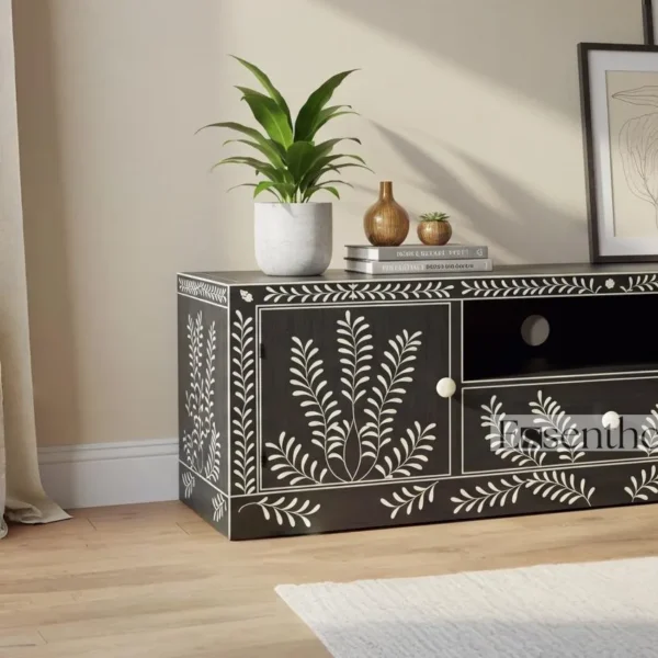 Essenthome Handcrafted Black & White Bone Inlay TV Console – Solid Wood Media Cabinet - Image 4