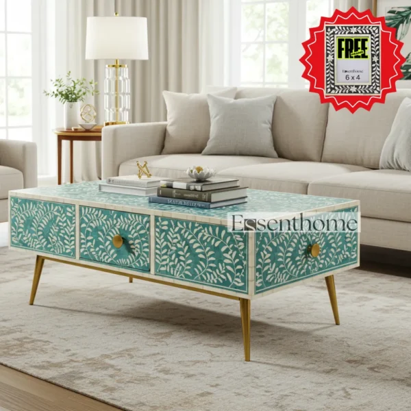 Luxury Bone Inlay Coffee Table ? Teal Floral Leaf Pattern by Essenthome