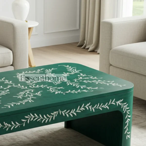 Green Bone Inlay Coffee Table with Brass Finish Base ? Round Handmade Accent Table for Living Room - Image 4