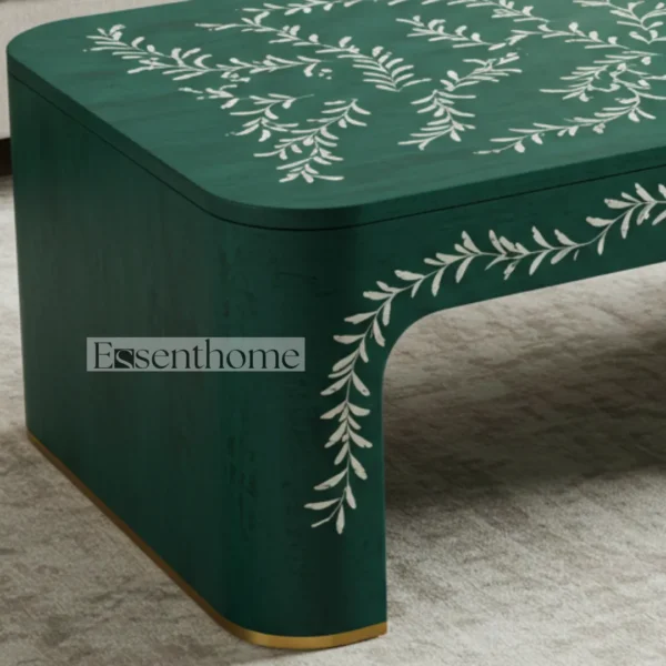 Green Bone Inlay Coffee Table with Brass Finish Base ? Round Handmade Accent Table for Living Room - Image 5
